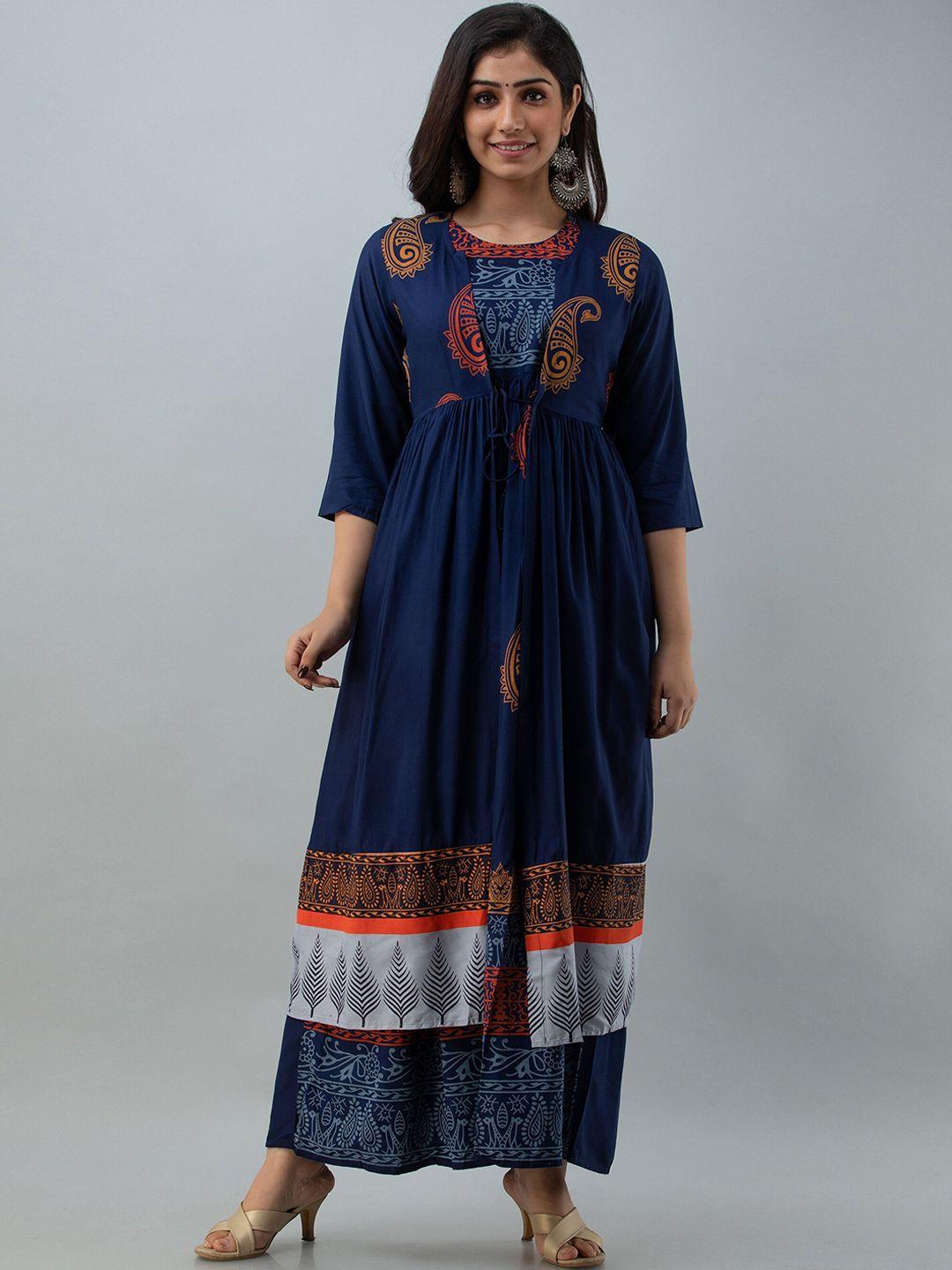 celebravo ethnic motifs printed round neck fit &flare midi ethnic dress with shrug