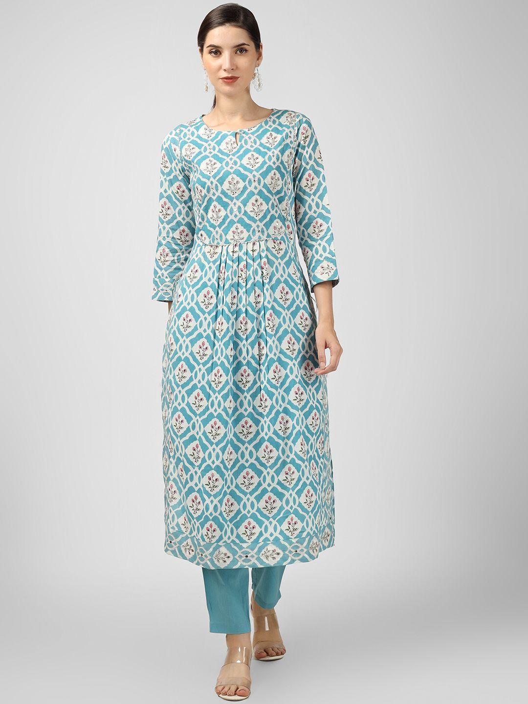 celebravo floral printed a-line pleated gotta patti pure cotton kurta set