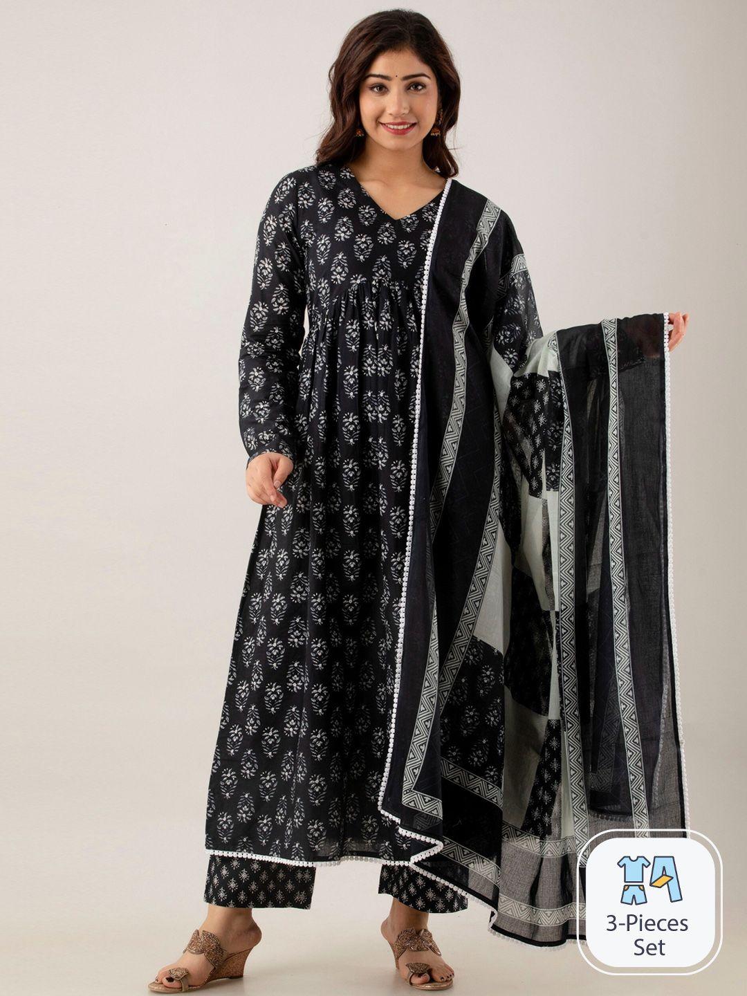 celebravo floral printed empire pure cotton a-line kurta with trousers & dupatta