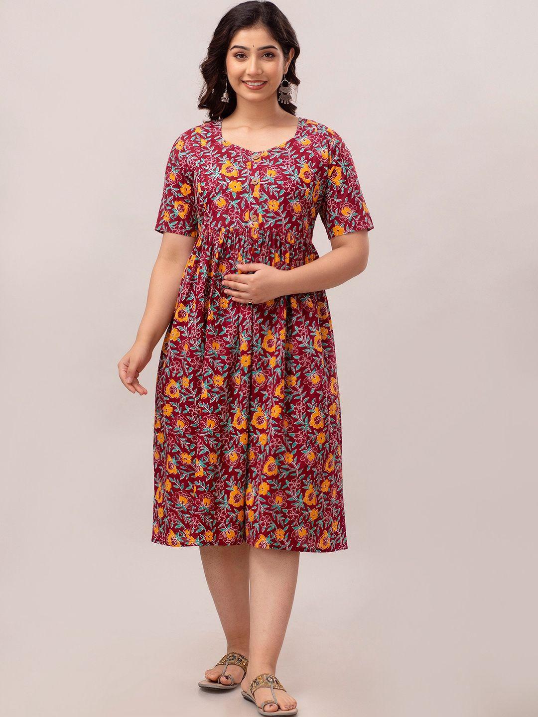 celebravo floral printed gathered maternity cotton fit & flare ethnic dress