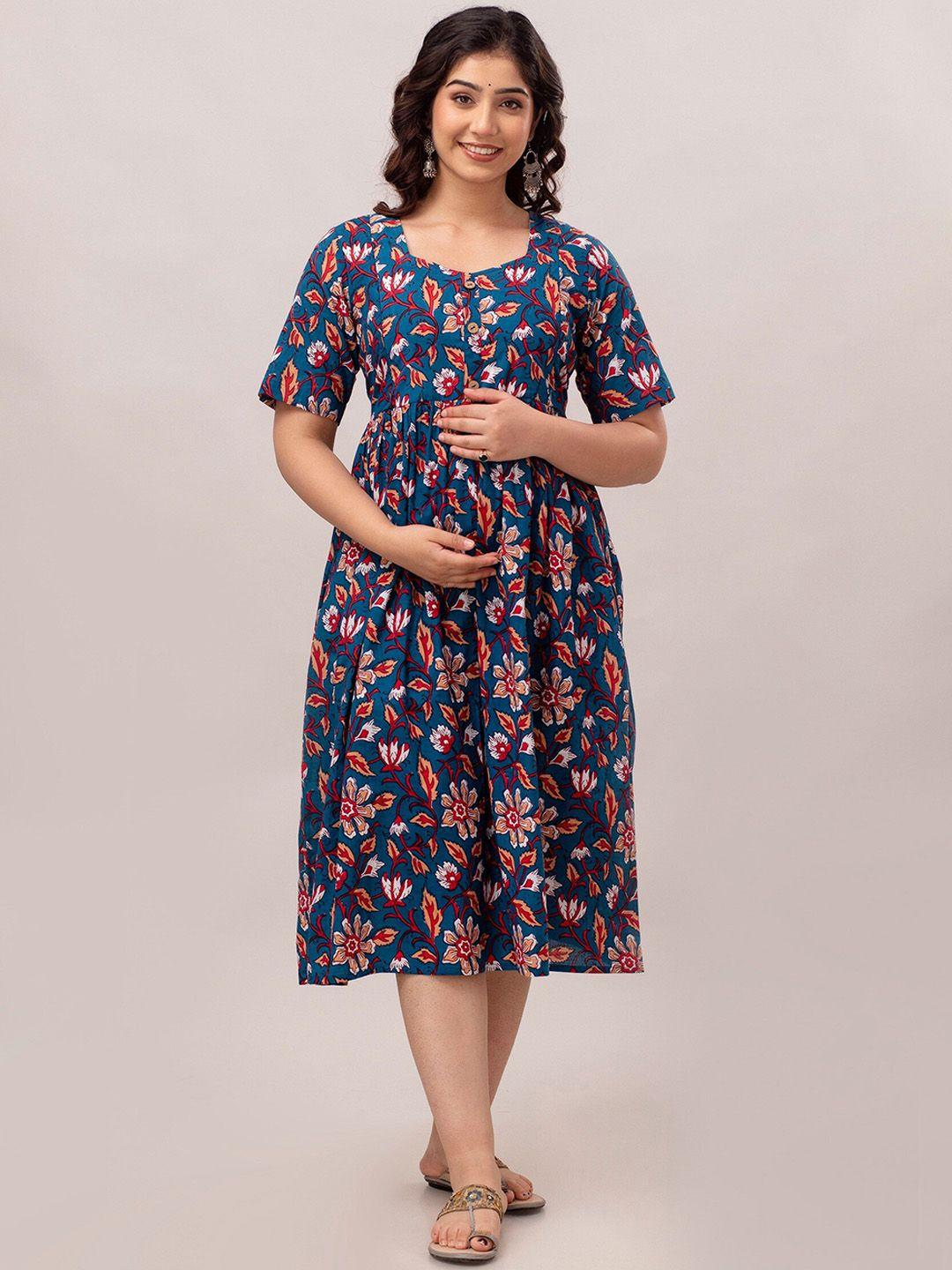 celebravo floral printed gathered maternity cotton fit & flare ethnic dress
