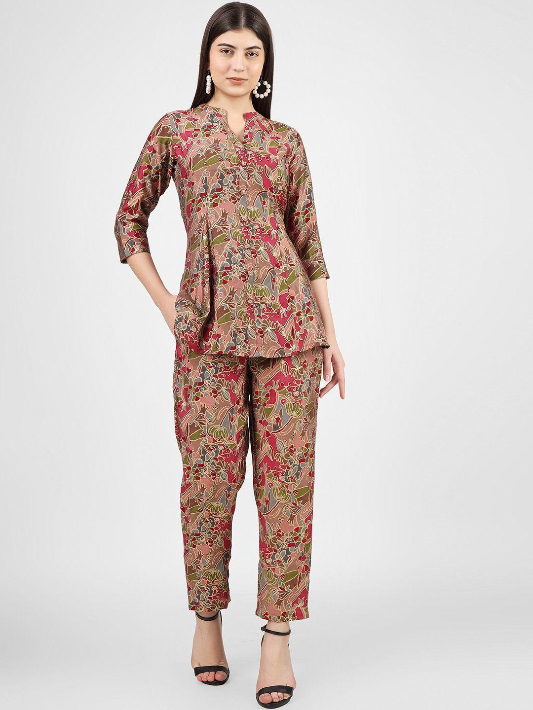 celebravo floral printed mandarin collar chanderi silk tunic with trouser