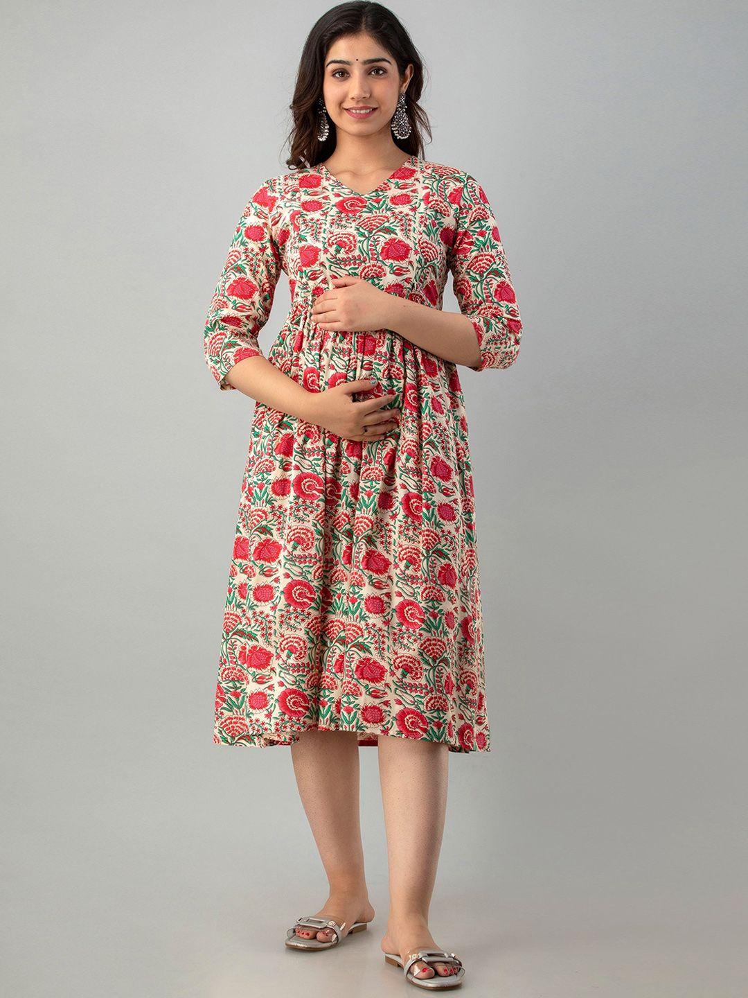 celebravo floral printed v-neck gathered maternity fit & flare dress