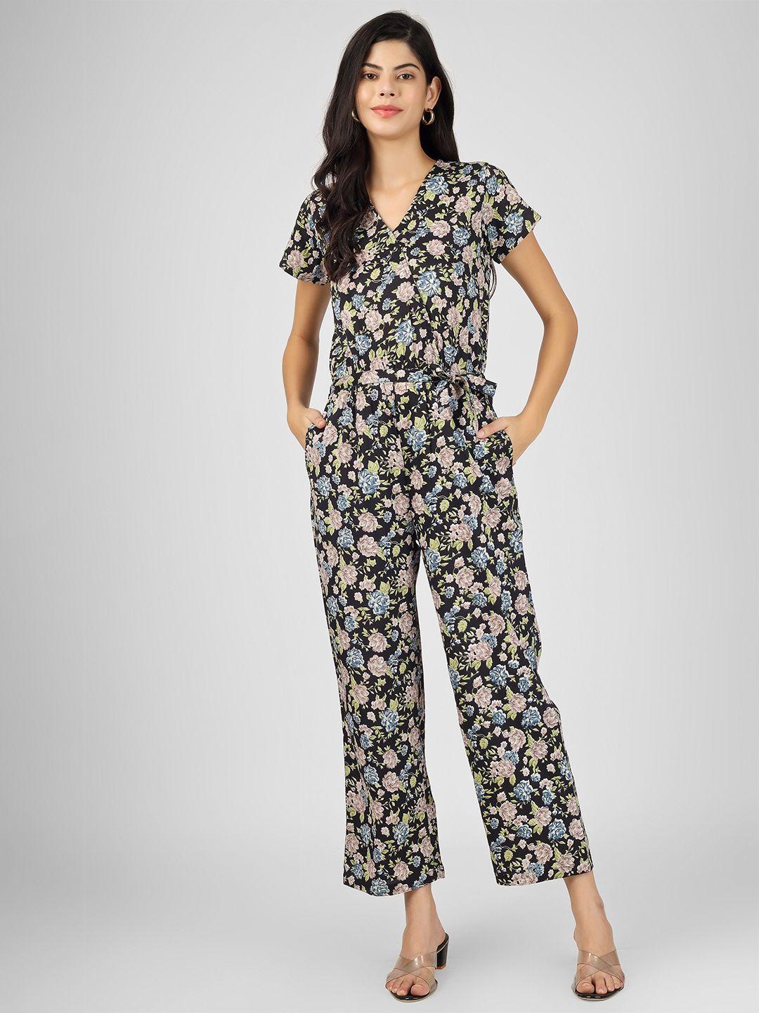 celebravo floral printed v-neck waist tie ups basic jumpsuit