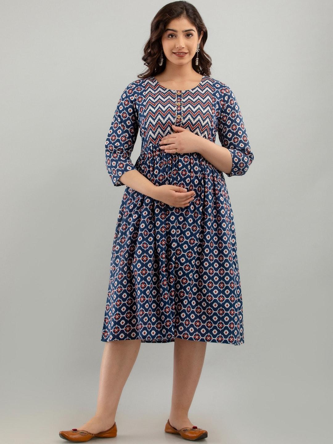 celebravo geometric printed cotton maternity fit & flare midi dress