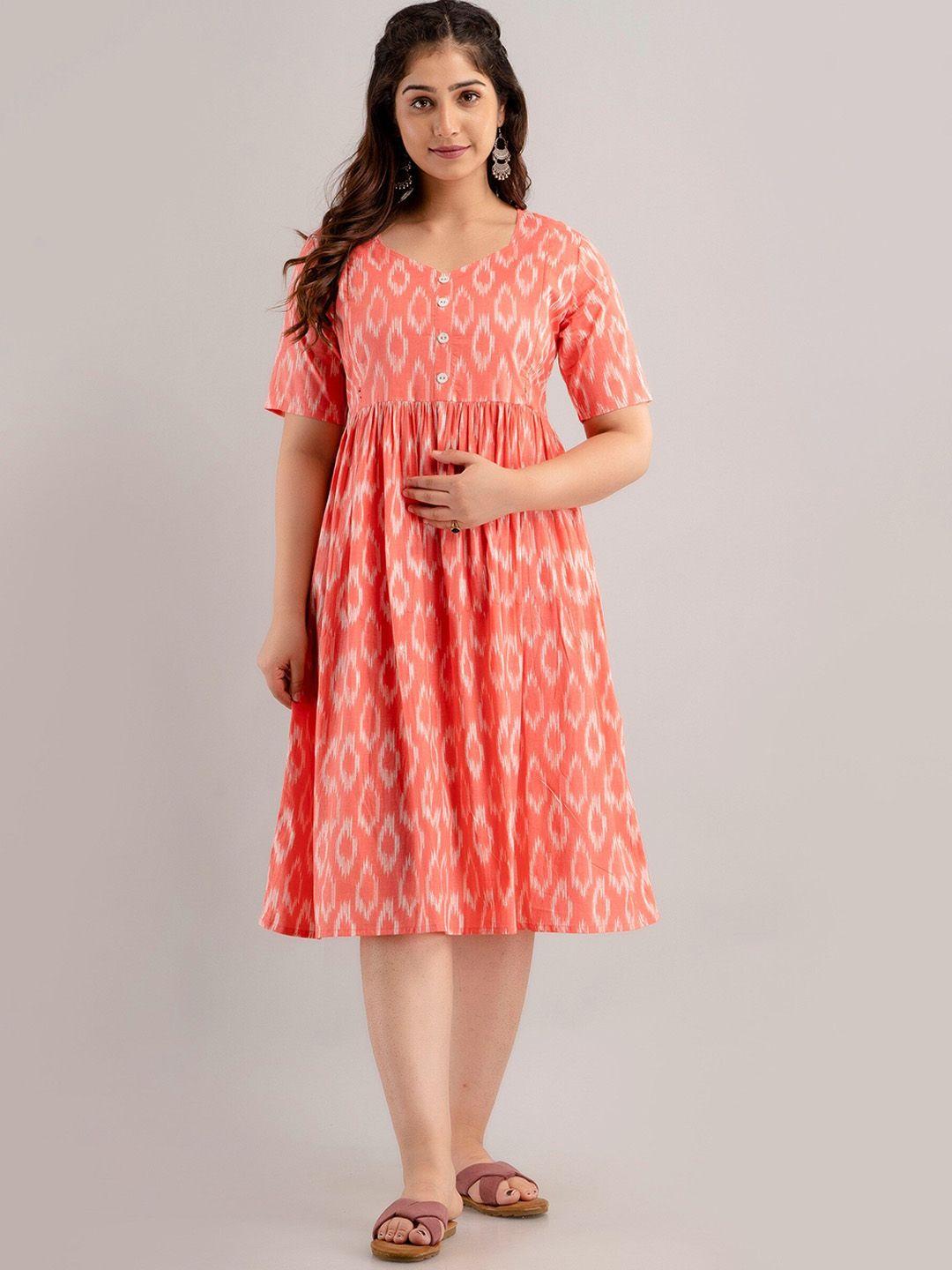 celebravo geometric printed cotton maternity fit & flare midi dress