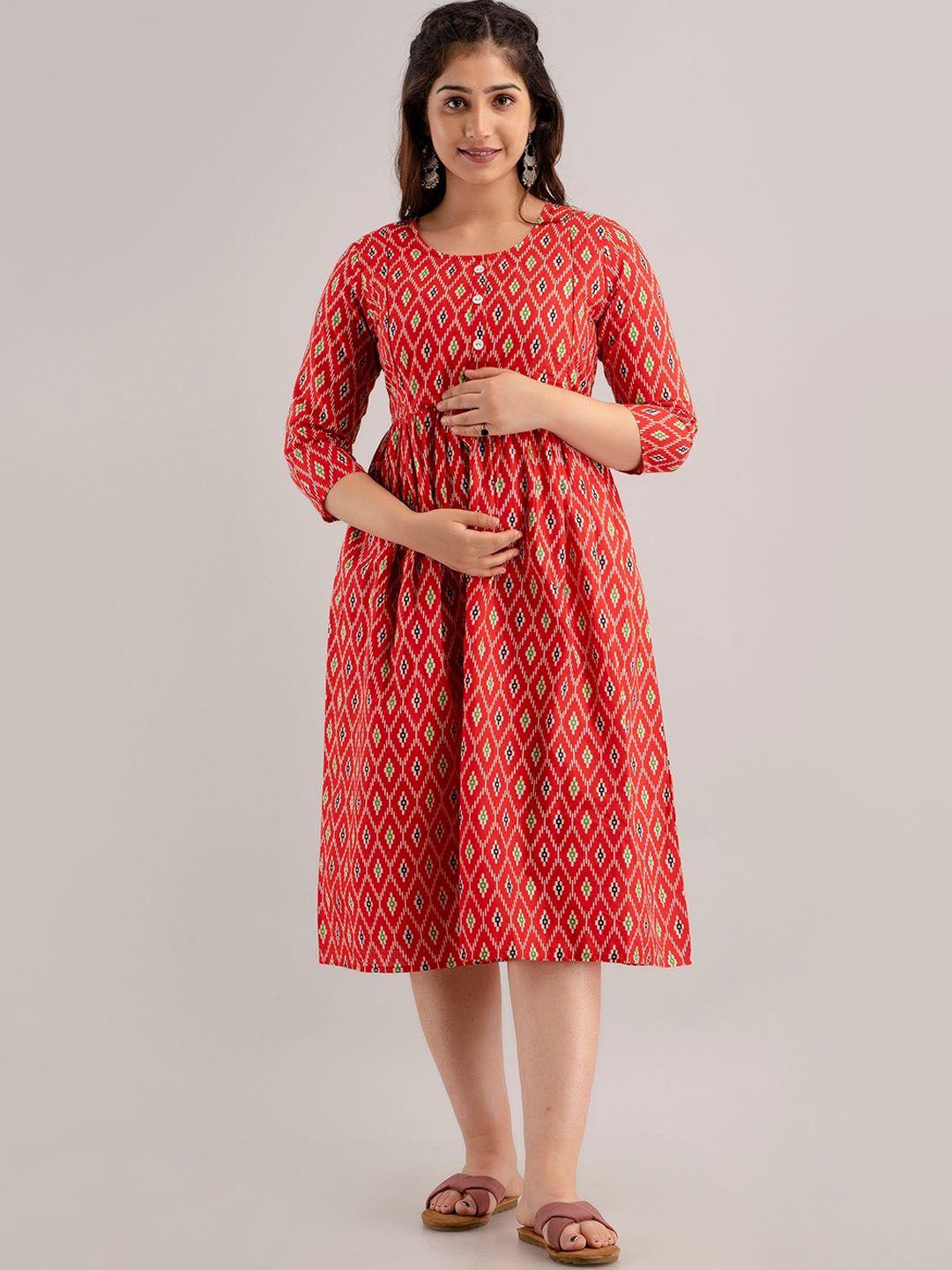 celebravo ikat ethnic motifs printed fit & flare pleated maternity cotton kurta