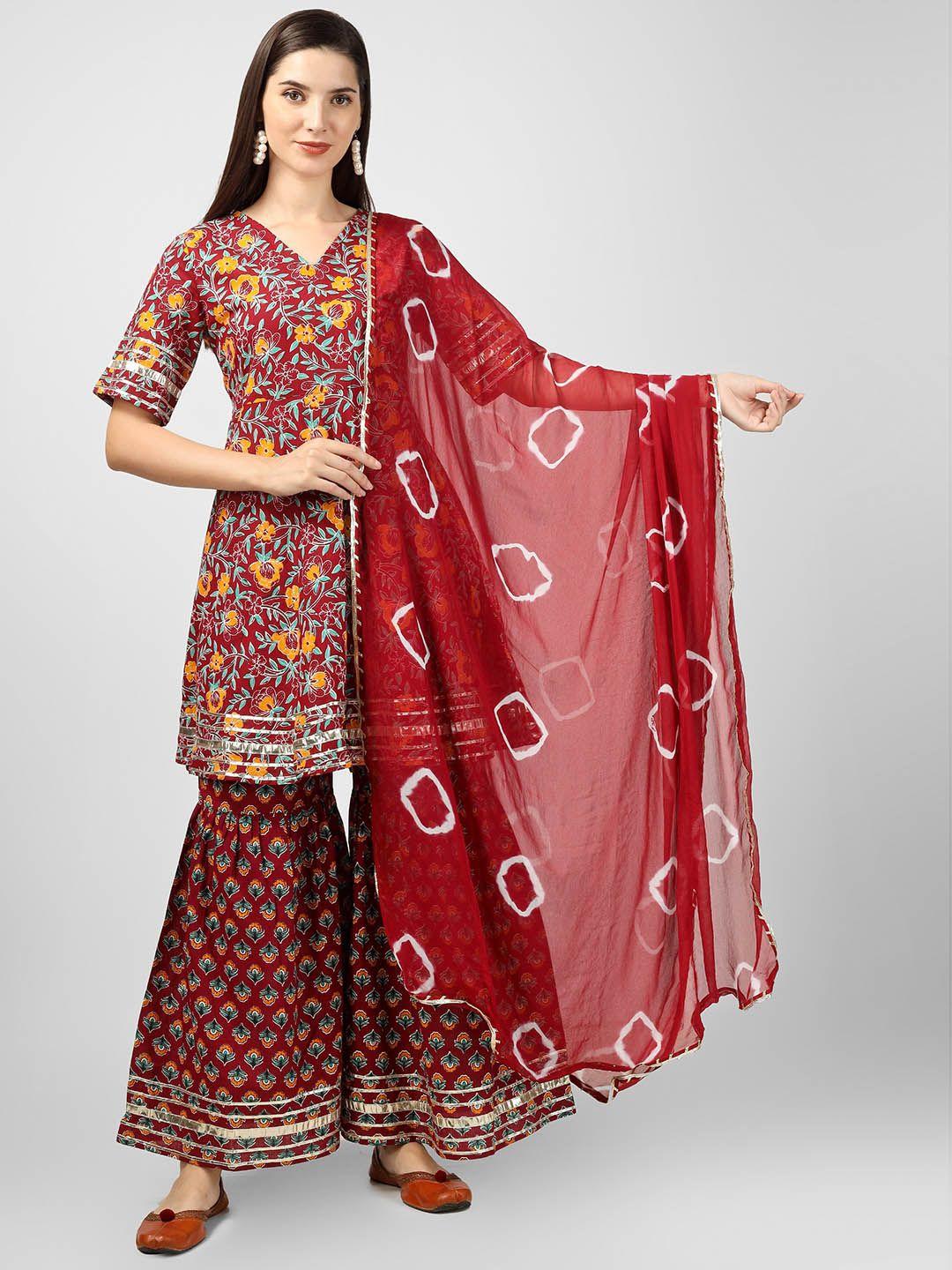 celebravo women maroon floral printed regular gotta patti pure cotton kurta with sharara & with dupatta