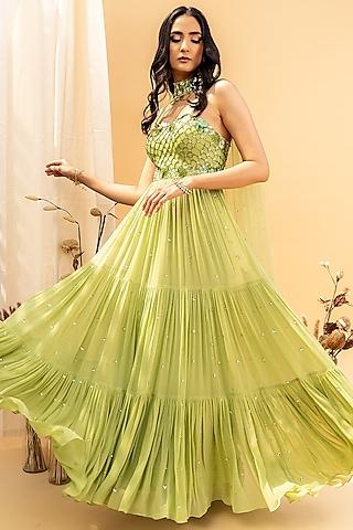 celery green embroidered tiered corset anarkali set