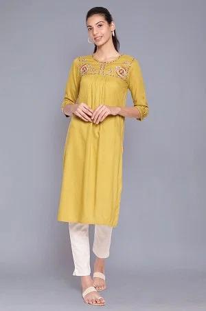 celery green embroidered yoke kurta