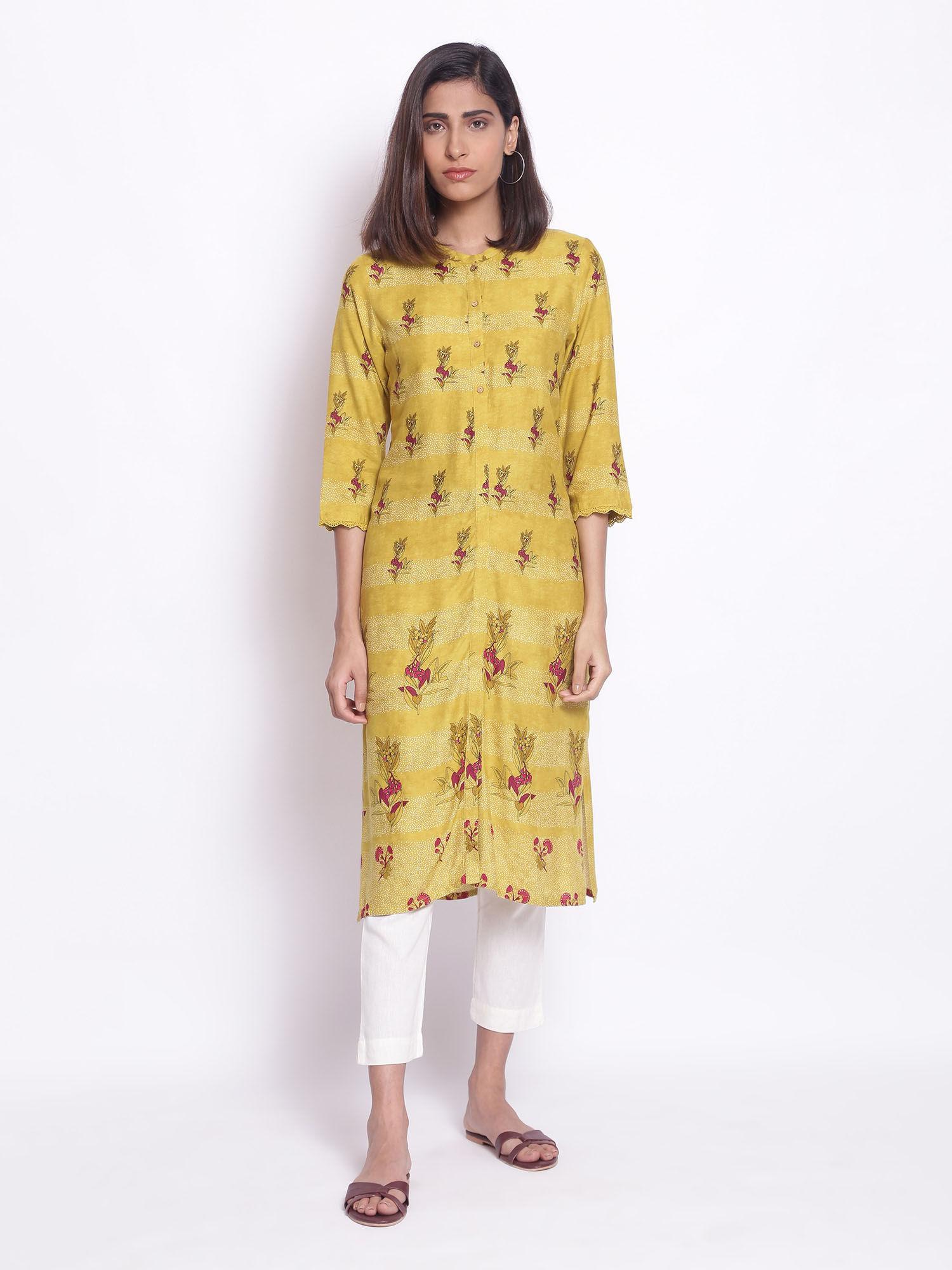 celery green placement print kurta