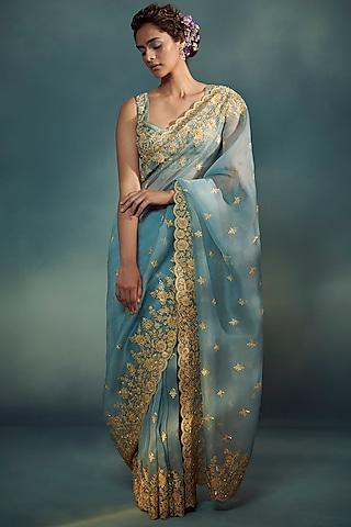 celeste blue banarasi organza aari hand embroidered saree set