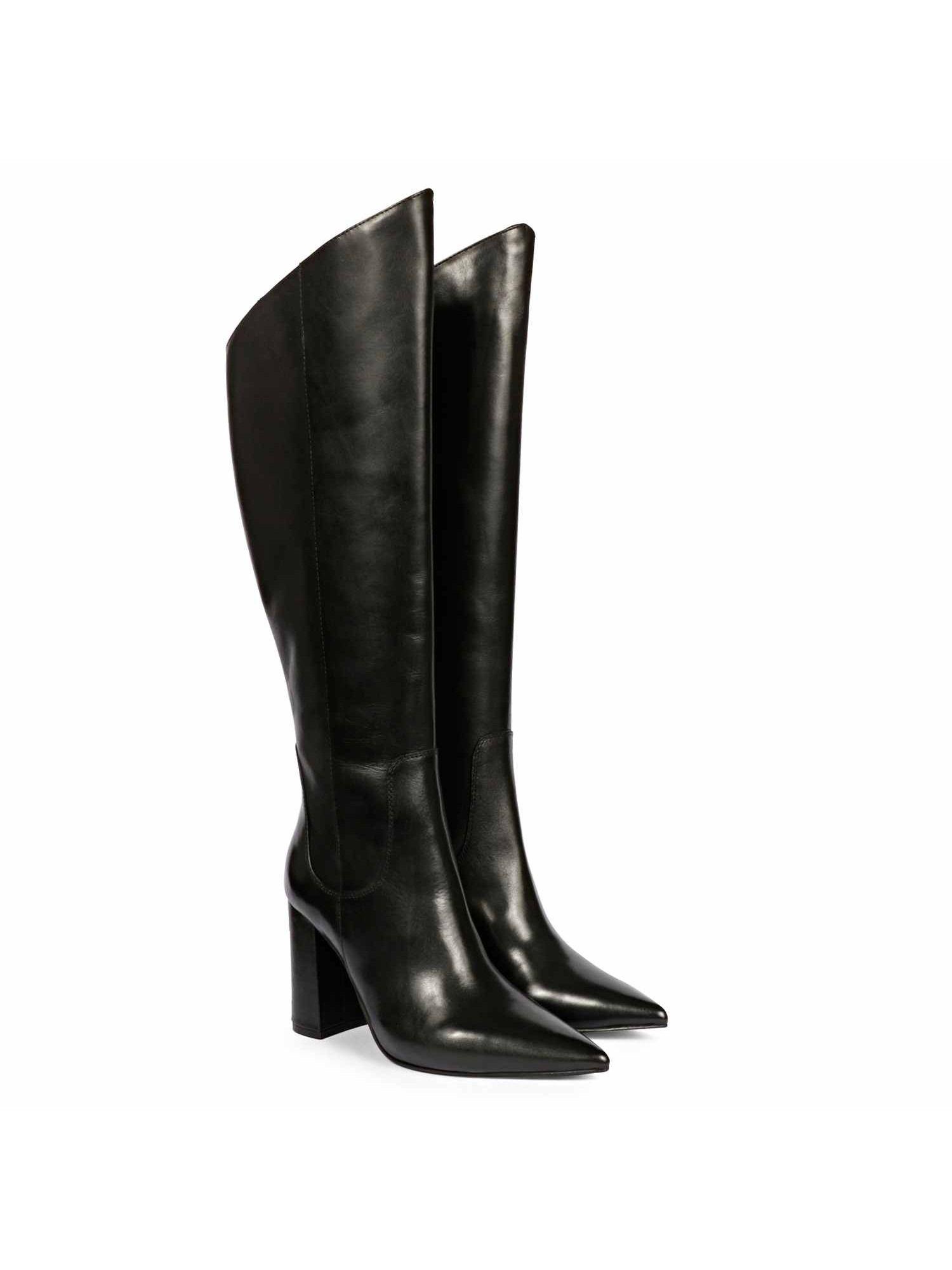 celia black leather block heel long boots