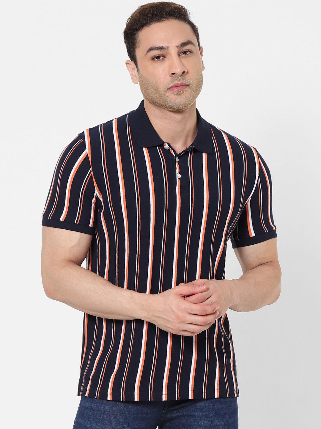 celio men navy blue  peach coloured vertical striped polo collar pure cotton t-shirt