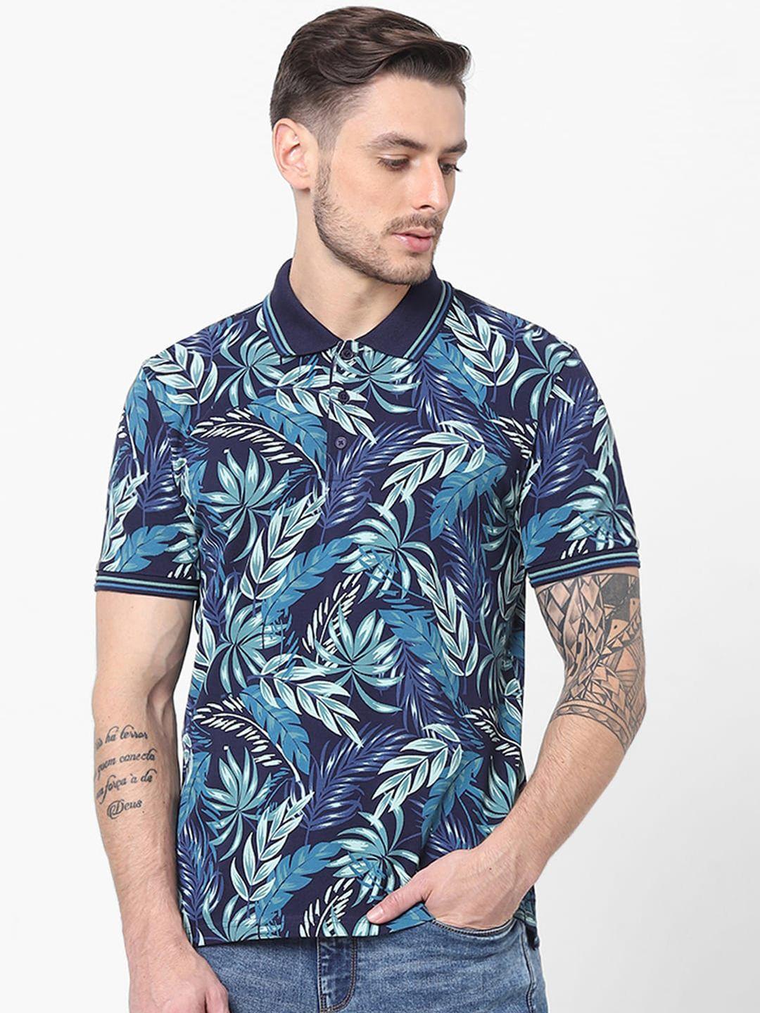 celio men navy blue polo collar tropical printed t-shirt