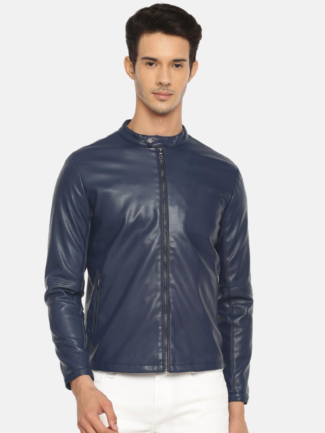celio men navy blue solid biker jacket