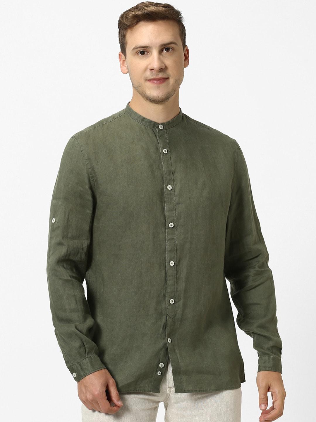 celio men olive green regular fit solid pure linen casual shirt