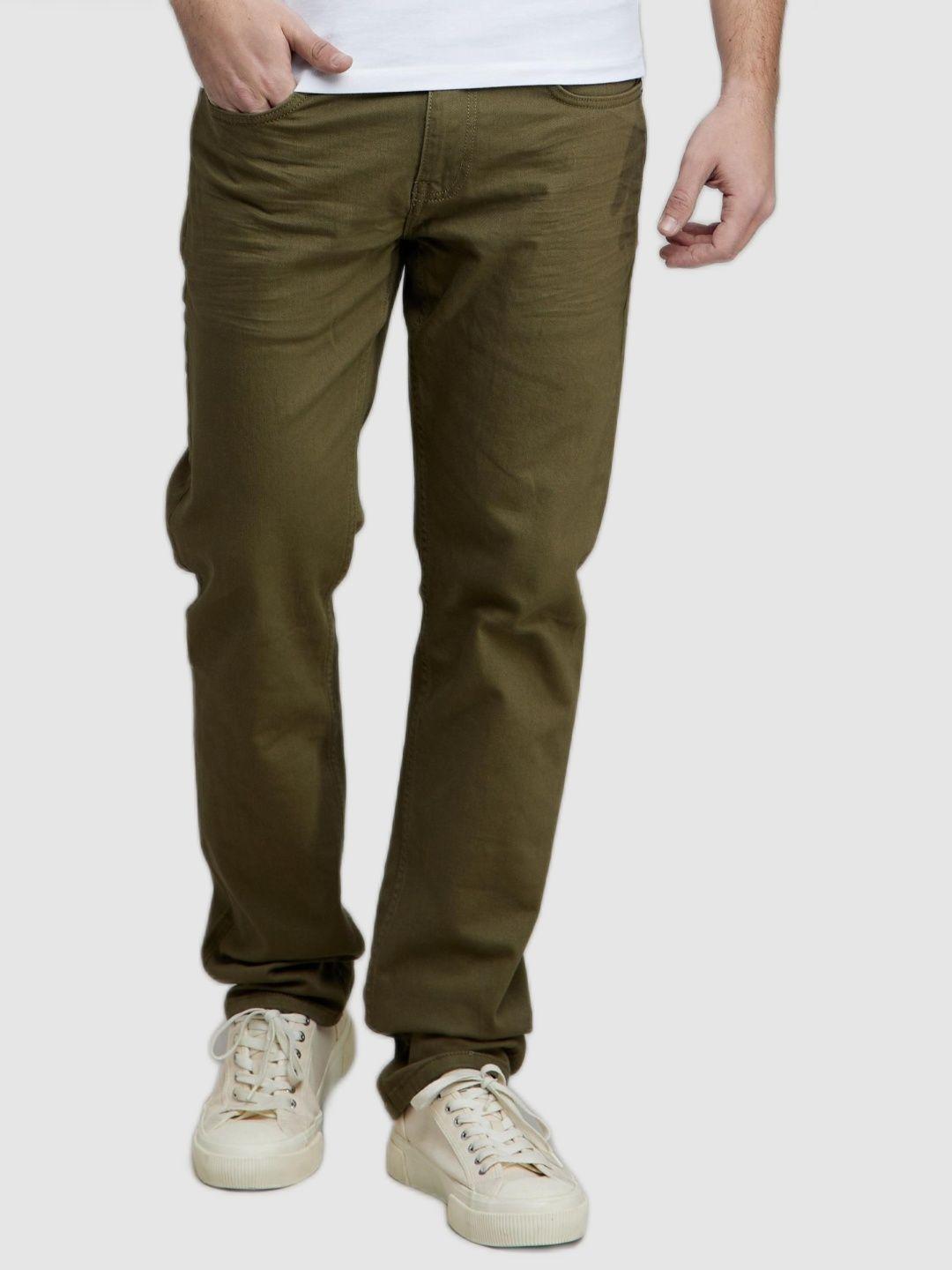celio men olive green solid cotton jean straight fit stretchable jeans