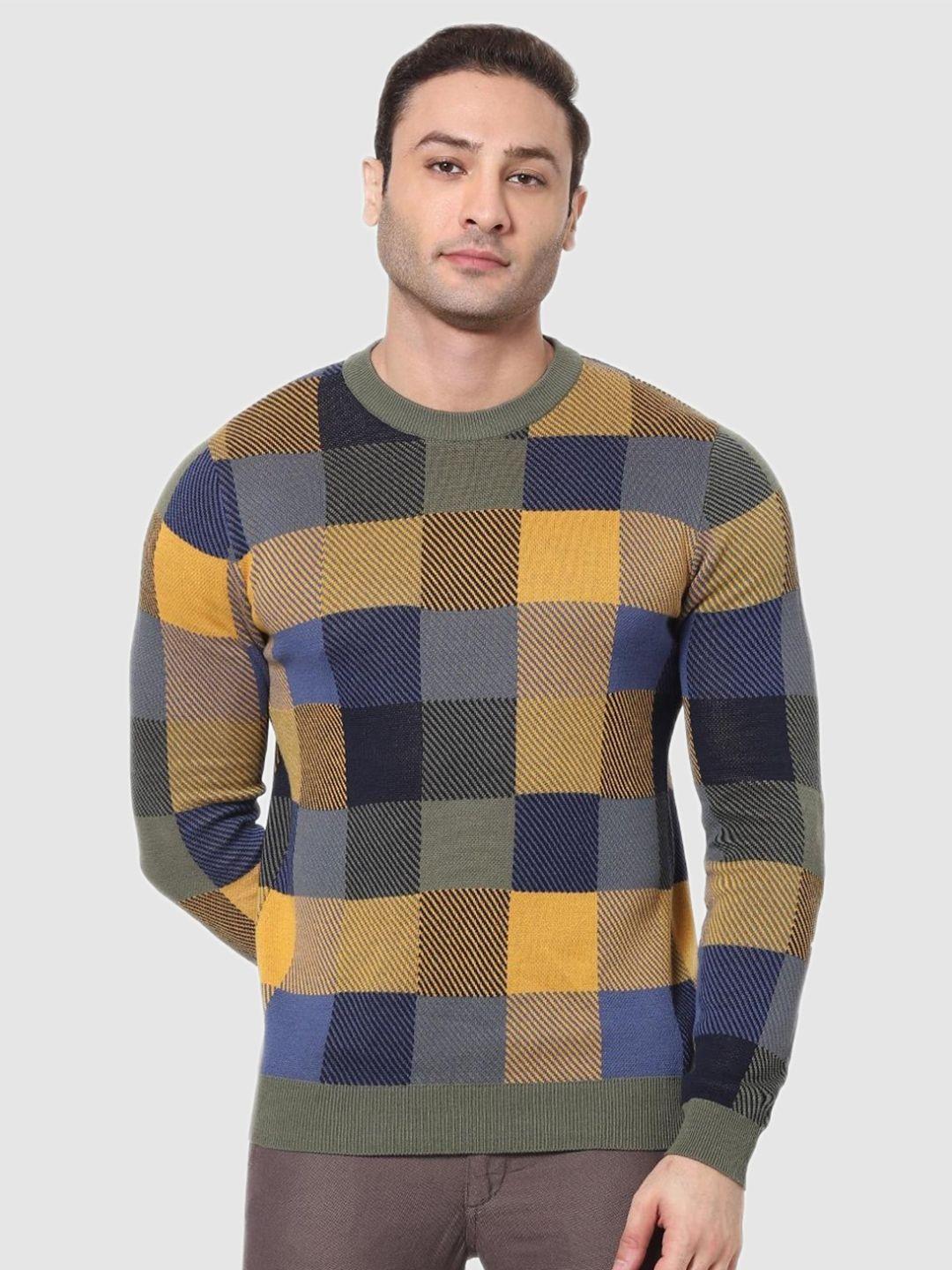 celio-men-yellow-&-blue-checked-cotton-pullover