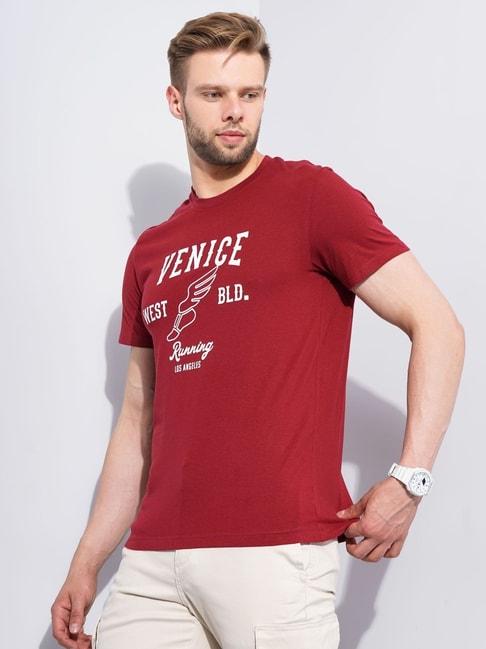 celio red cotton regular fit printed t-shirt