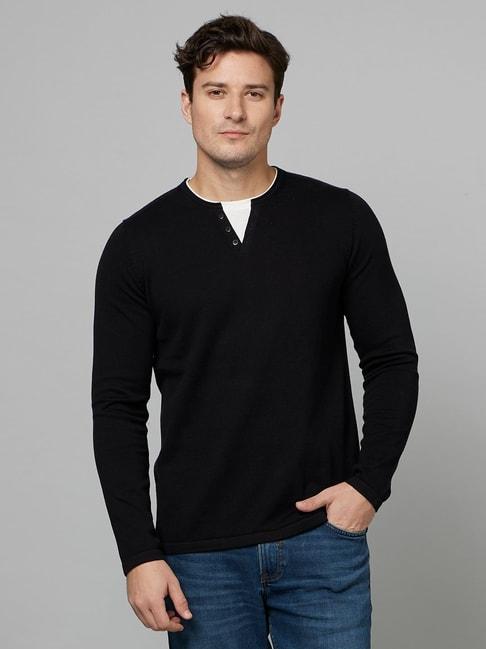 celio* black slim fit henley neck cotton sweater