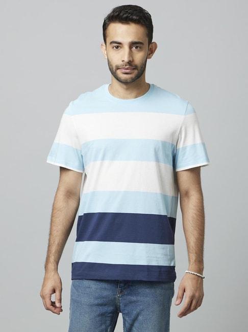 celio* blue cotton regular fit striped t-shirt