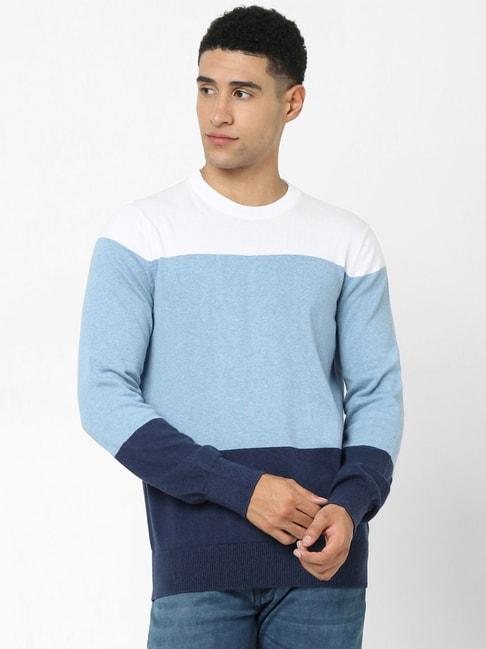 celio* light blue cotton regular fit colour block sweaters