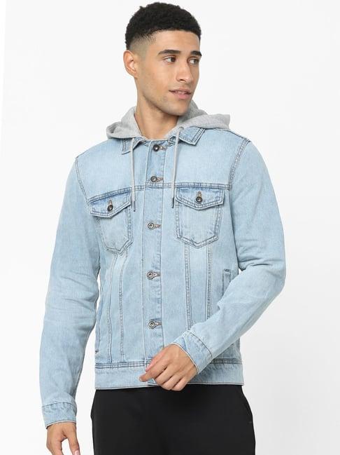 celio* light blue cotton regular fit hooded denim jackets