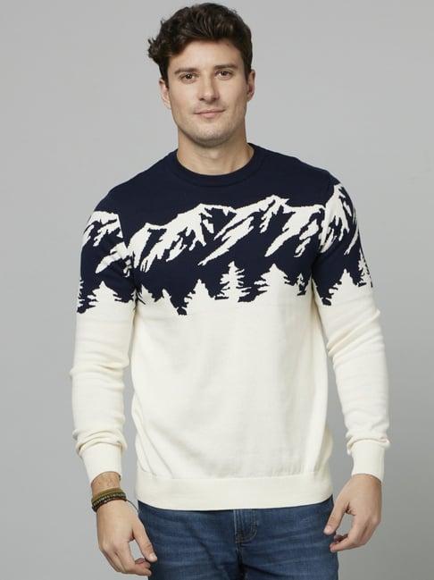 celio* off white cotton regular fit printed sweater