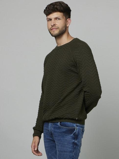 celio* olive cotton regular fit self pattern sweater