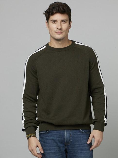 celio* olive cotton regular fit striped sweater