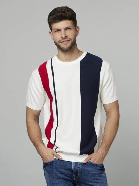 celio* white cotton regular fit striped t-shirt