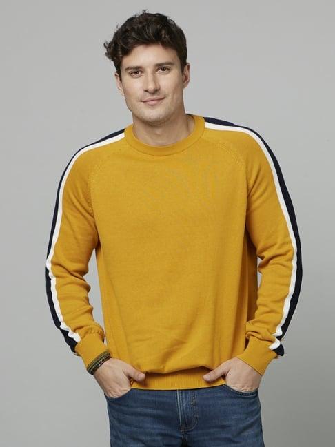 celio* yellow cotton regular fit printed sweater