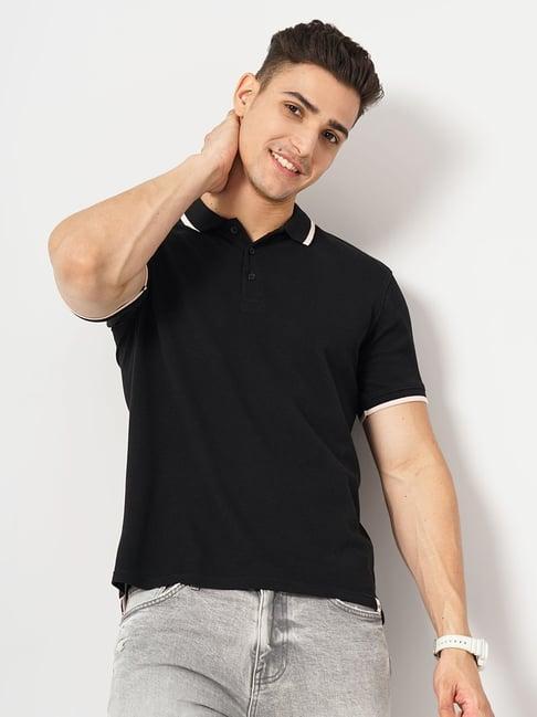 celio* black regular fit textured cotton polo t-shirt