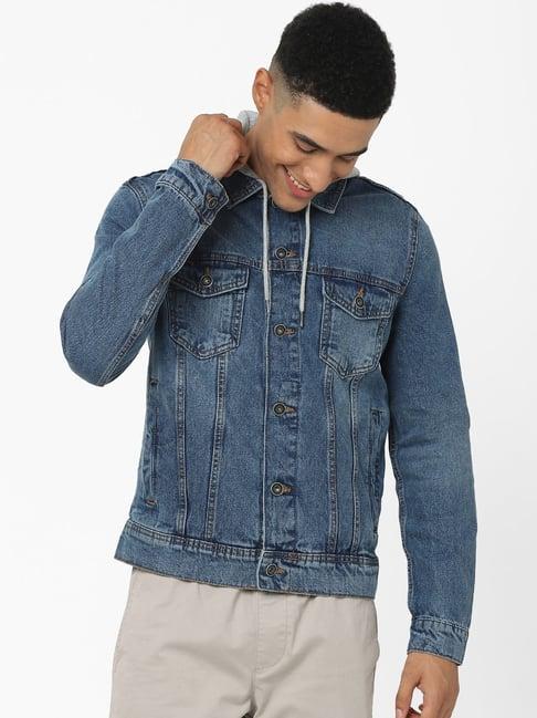 celio* blue cotton regular fit hooded denim jackets