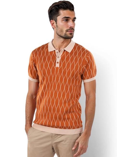 celio* brown cotton regular fit printed polo t-shirts