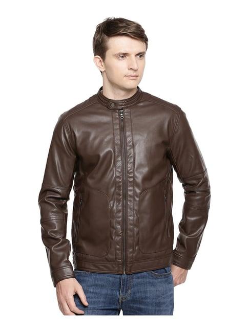 celio* brown full sleeves polyurethane mock collar jacket