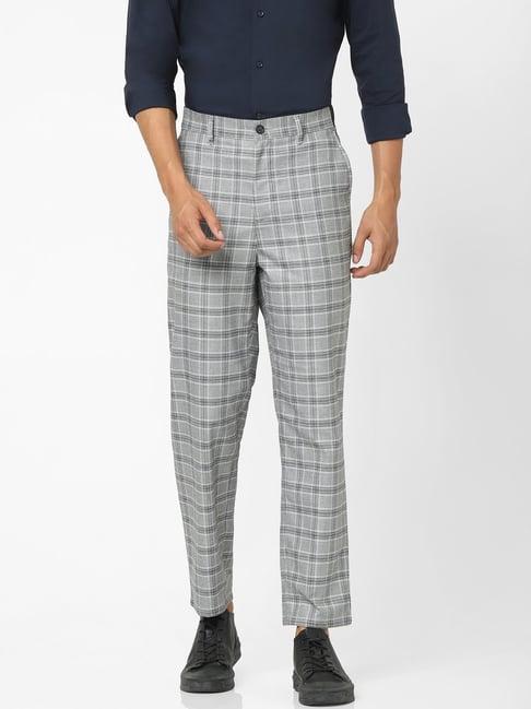 celio* grey cotton regular fit checks trousers