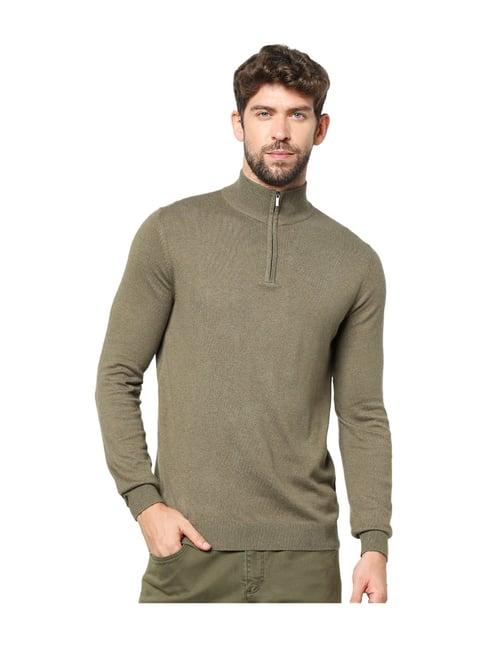 celio* olive full sleeves straight fit sweater