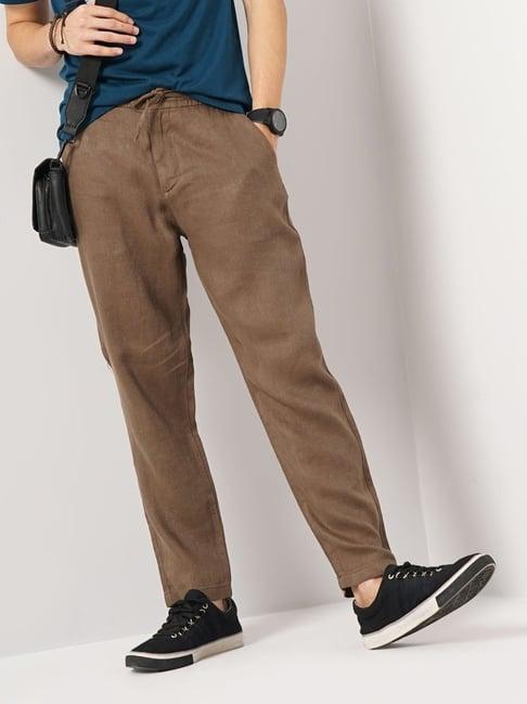 celio brown linen regular fit trousers