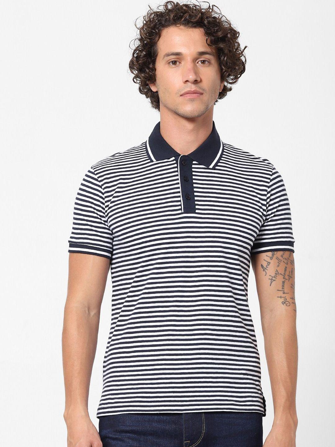 celio men  vy blue   striped polo collar linen blend t-shirt