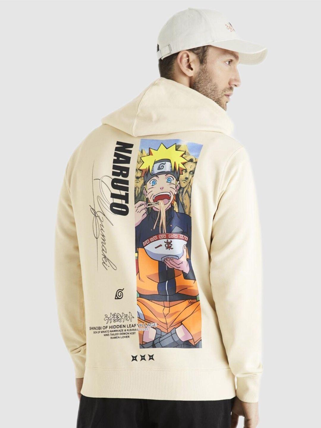 celio men beige naruto printed hooded cotton sweatshirt