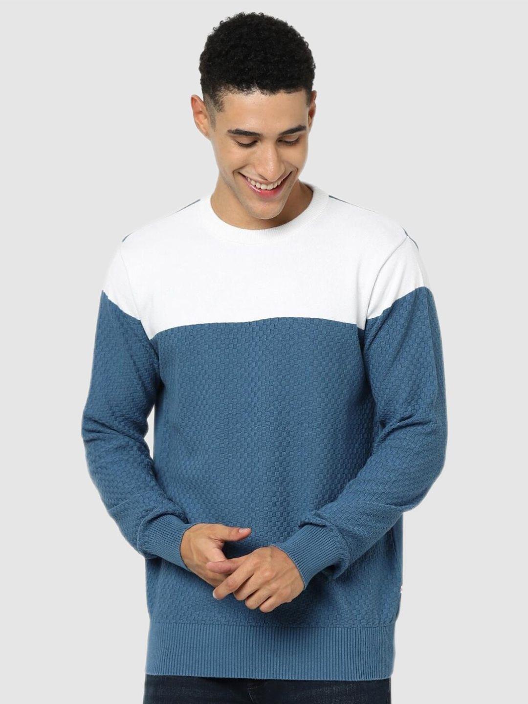 celio men blue & white colourblocked cotton pullover