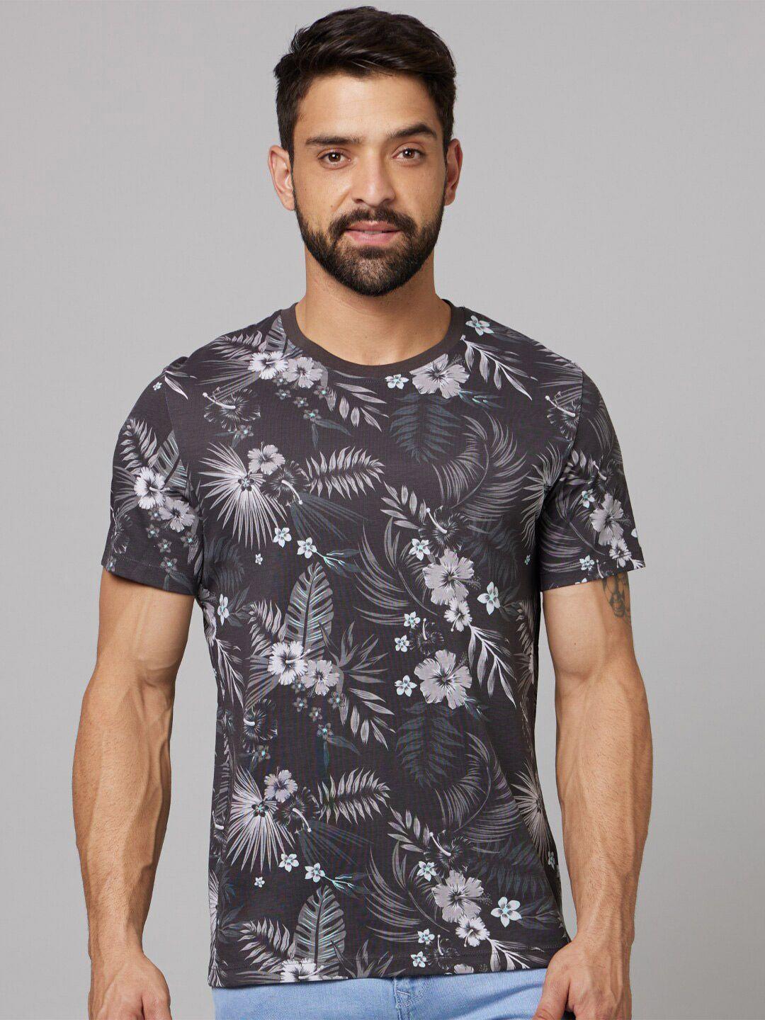 celio men charcoal floral printed tropical pockets t-shirt