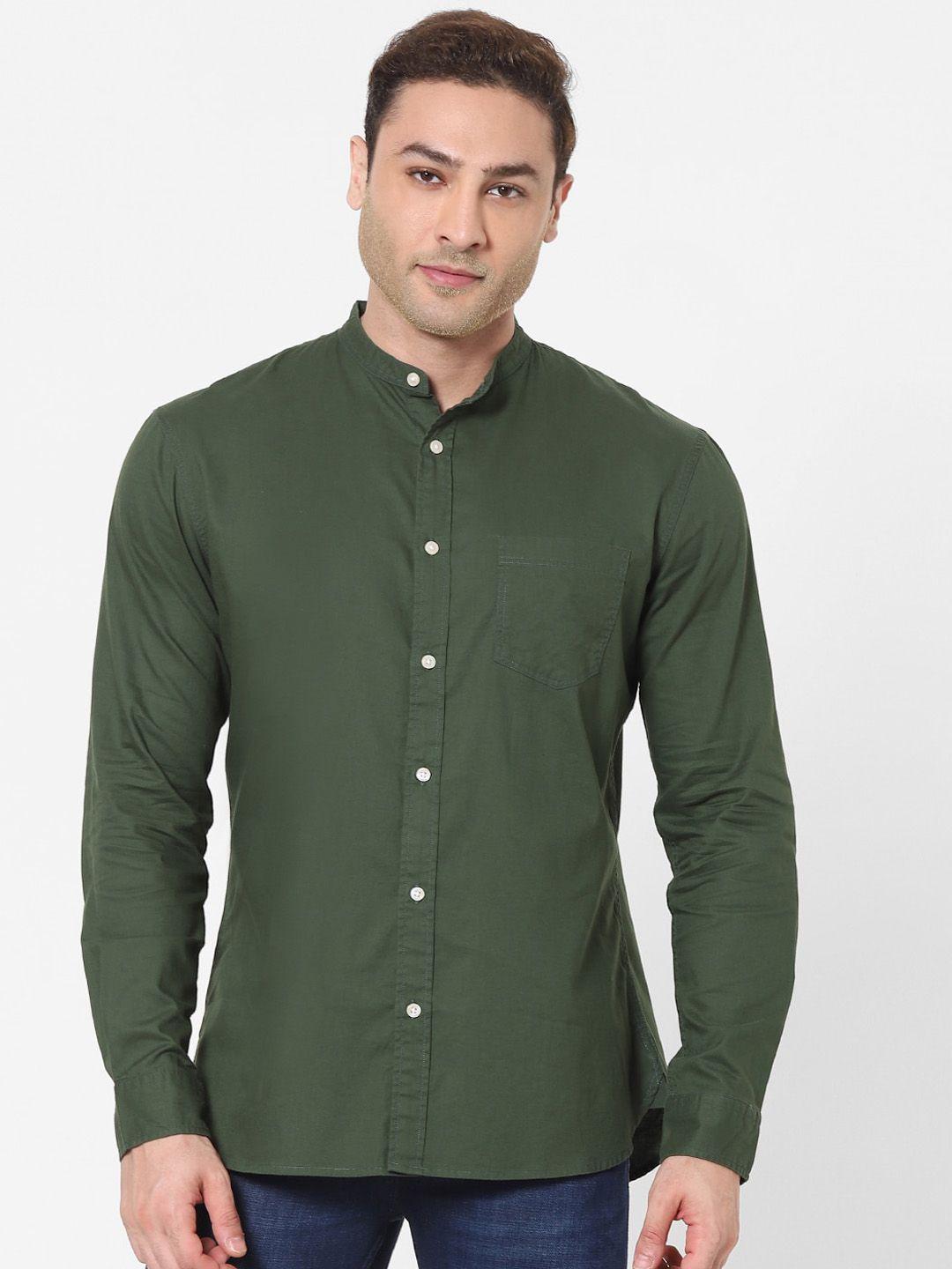 celio men green mandarin collar cotton casual shirt