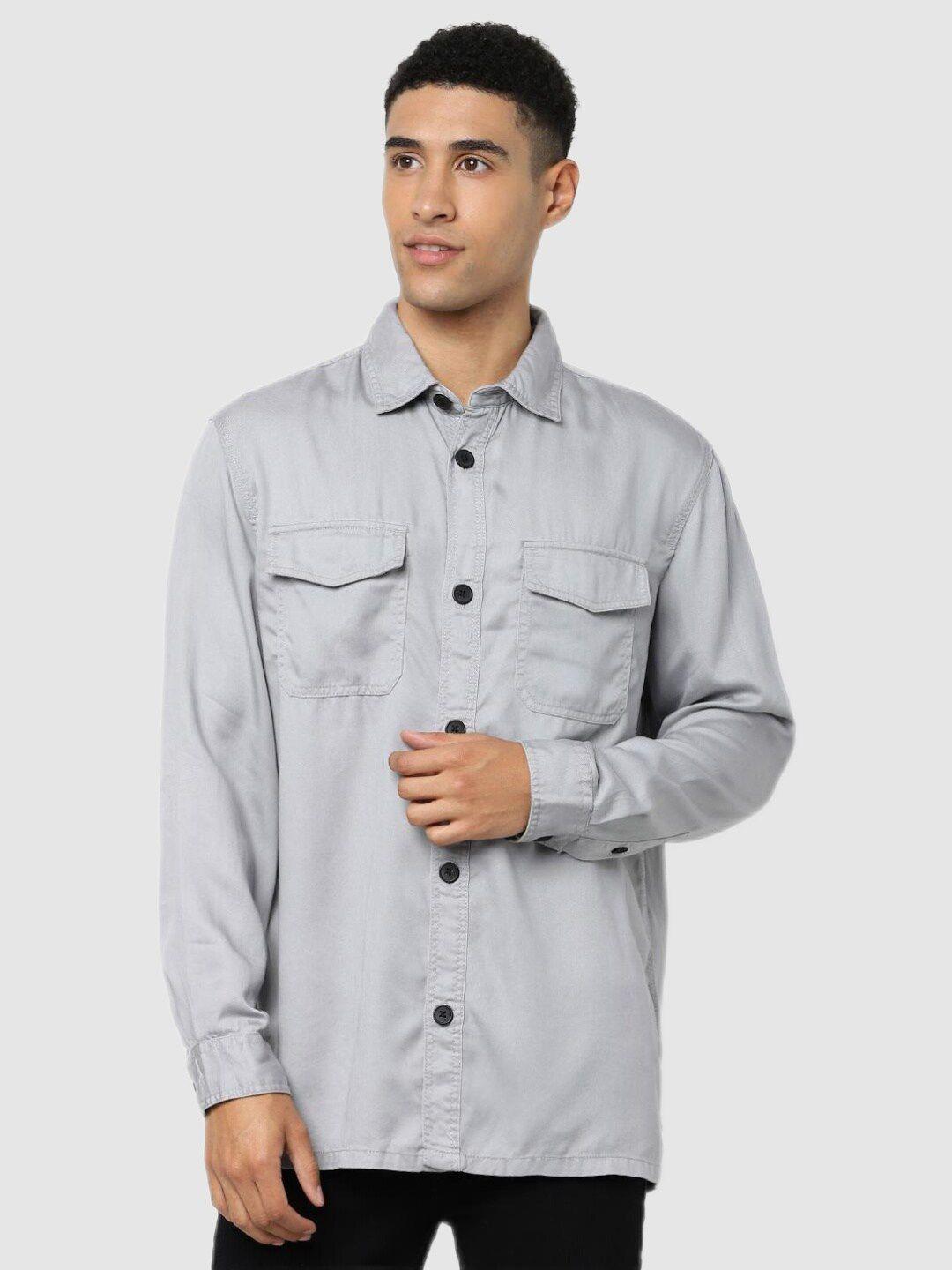 celio men grey classic regular fit solid cotton casual shirt
