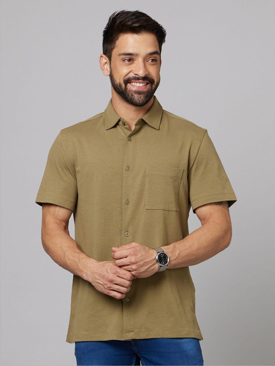 celio men khaki classic opaque casual shirt