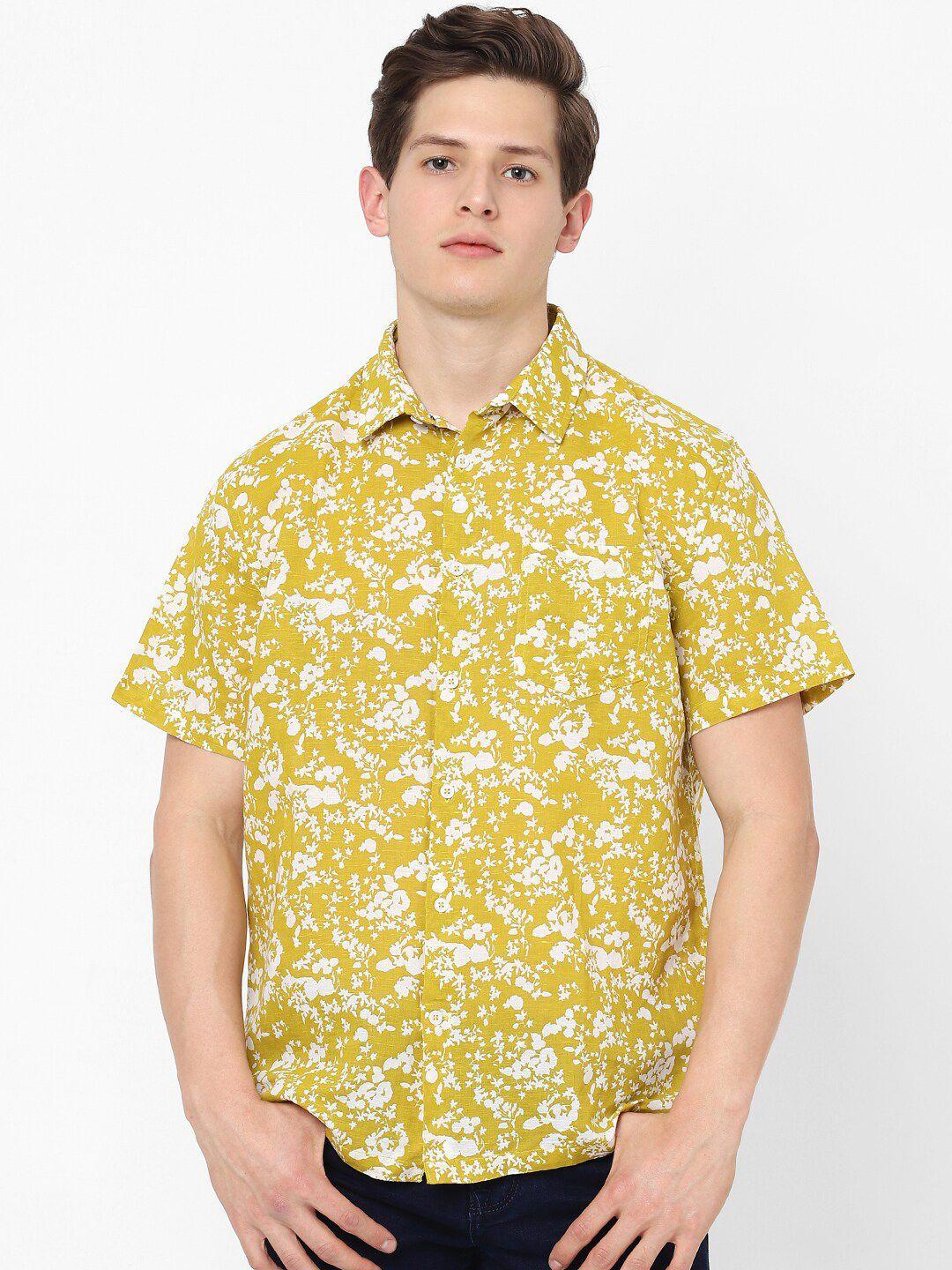 celio men mustard yellow floral printed casual linen shirt