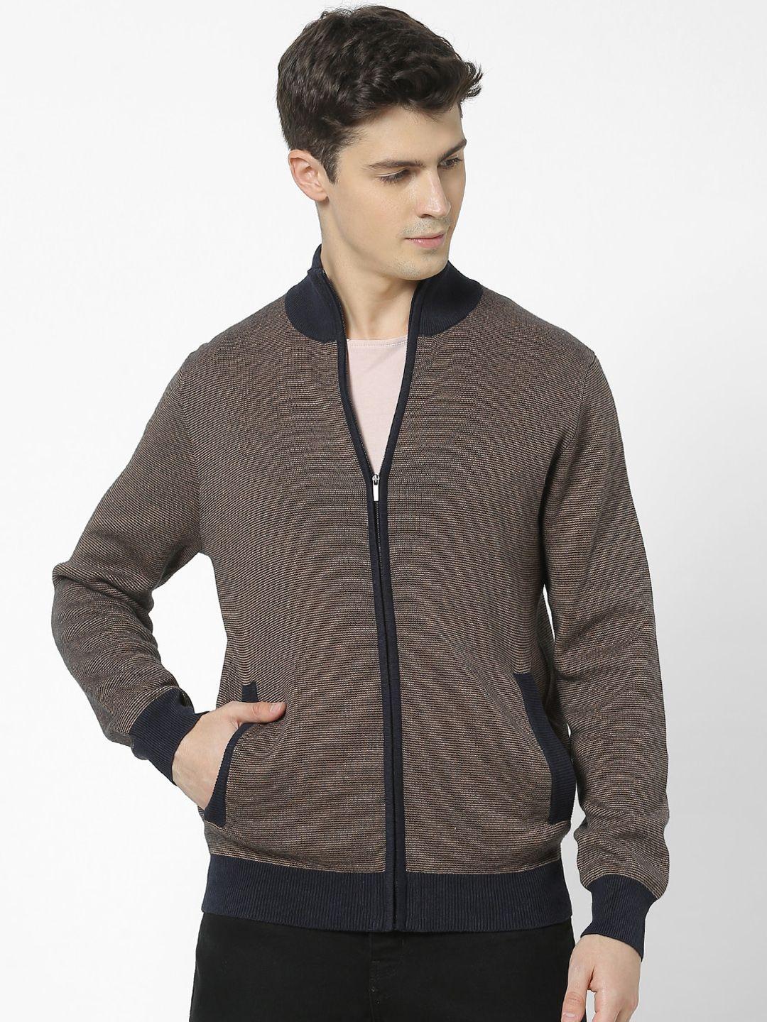 celio men navy blue & brown self design cardigan sweater