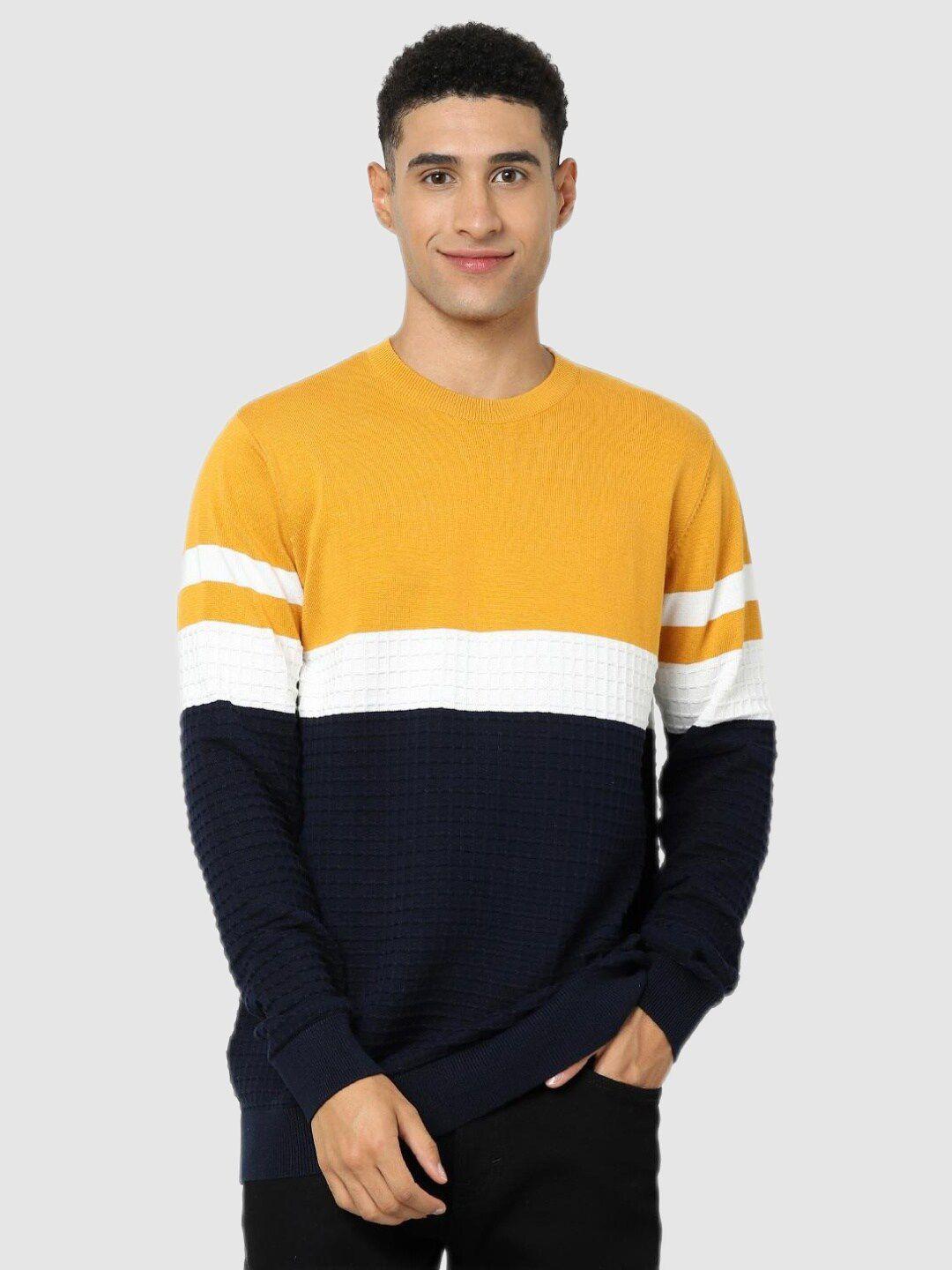 celio men navy blue & white colourblocked pullover